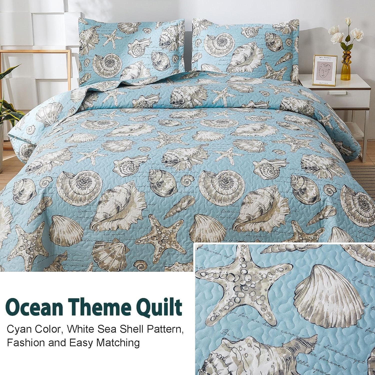 Beach Quilts Set Twin Size Ocean Theme Bedspreads,3 Pcs Seashell Conch Starfish Coverlet Set Lightweight Reversible Bedding with Pillow Shams,Blue