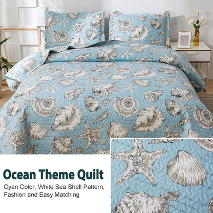 Beach Quilts Set Twin Size Ocean Theme Bedspreads,3 Pcs Seashell Conch Starfish Coverlet Set Lightweight Reversible Bedding with Pillow Shams,Blue